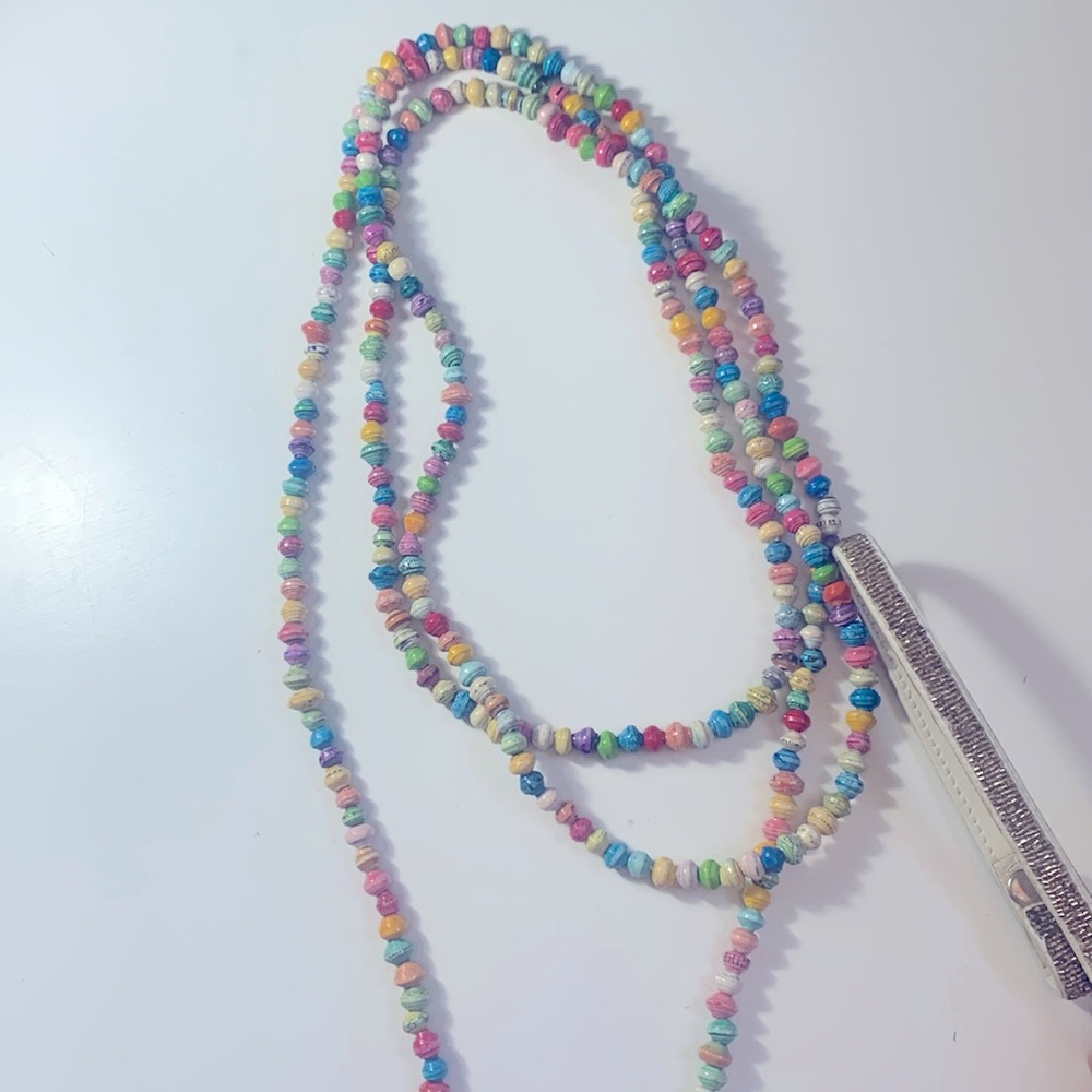 Noonday multicolor paper bead wrap necklace with removable extender